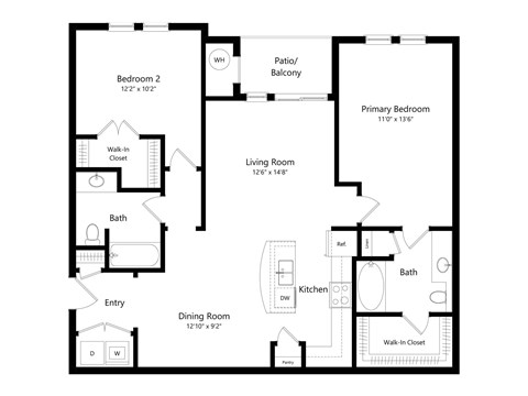 Floor plan for 2 beds, 2 baths, 1233 sqft